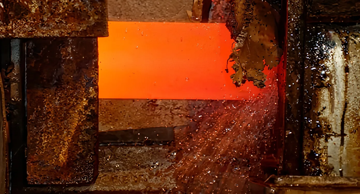Molten steel glowing inside a barrel furnace